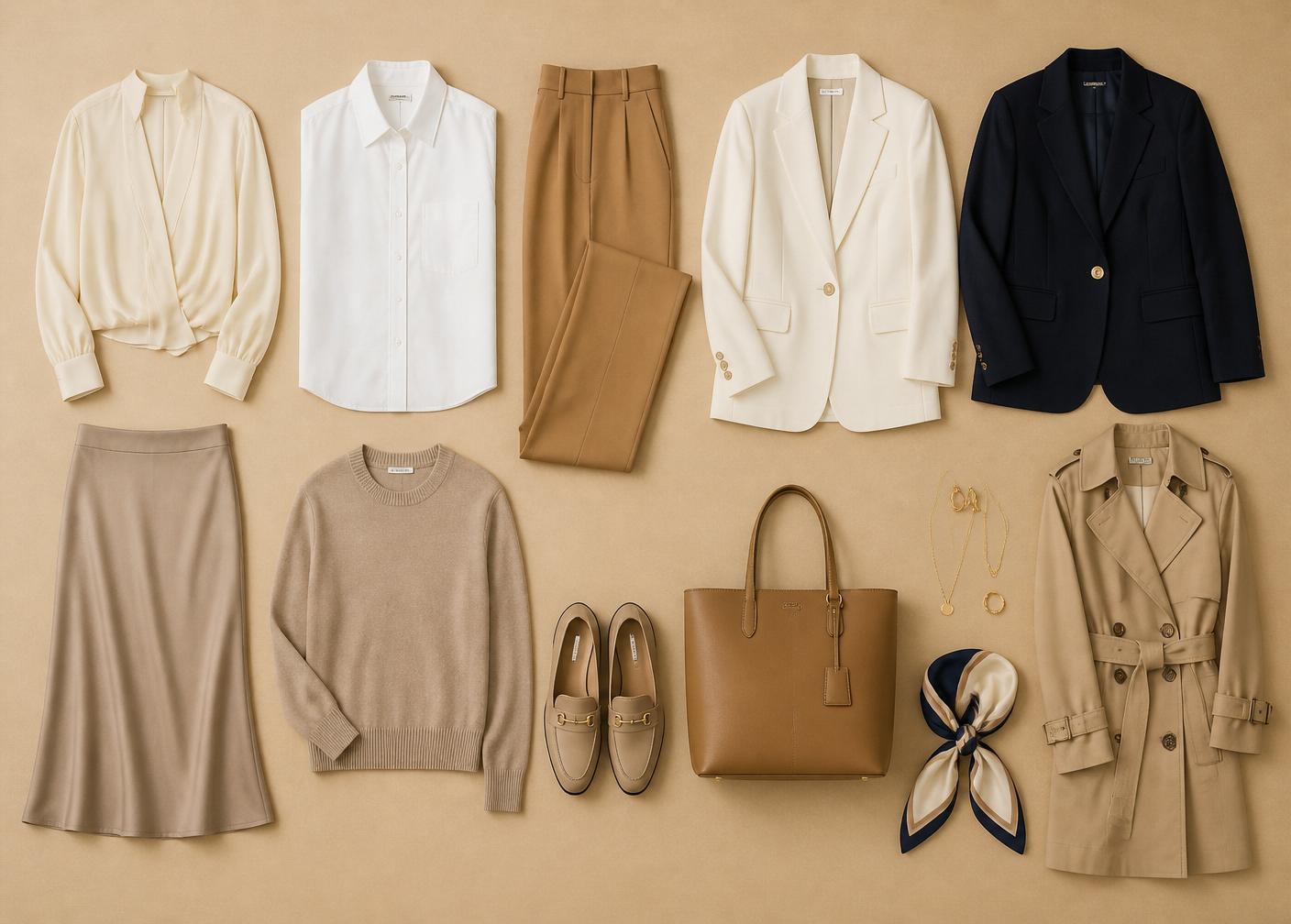 Flatlay de armário cápsula com 12 peças neutras